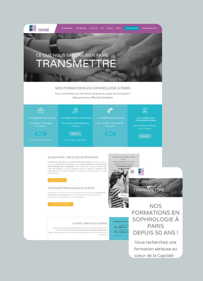 Maquette du site web réalisé par êtreweb pour le CEAS Paris centre de formation en sophrologie