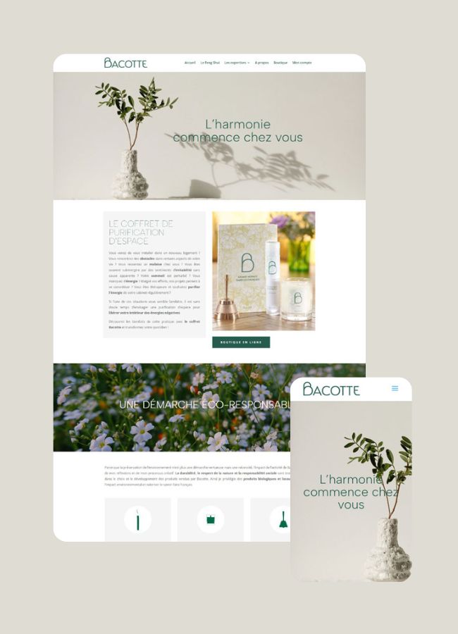 Maquette du site web réalisé par êtreweb pour Bacotte Feng Shui Purification d'espace