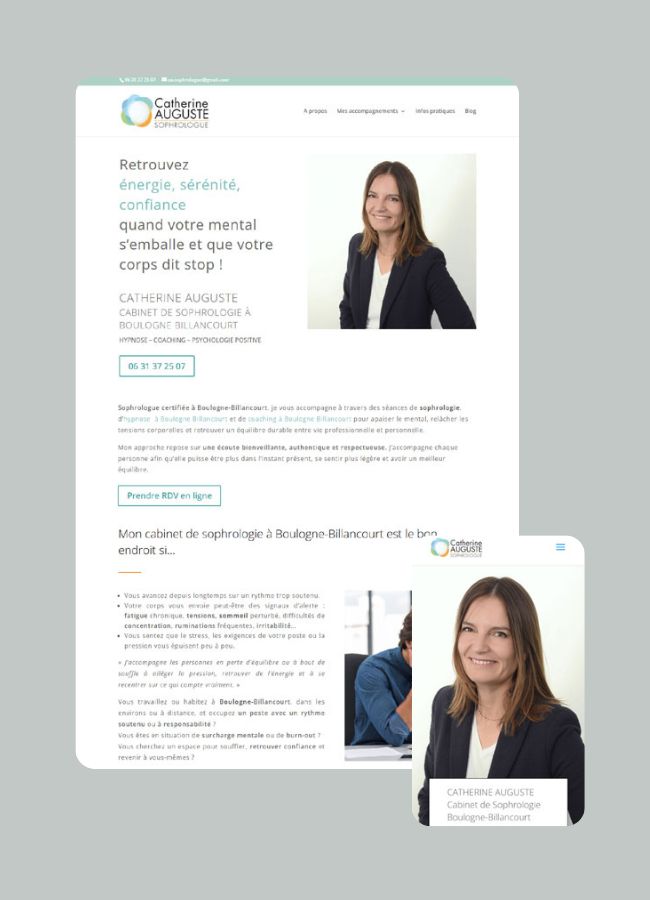 Maquette du site web réalisé par êtreweb pour Catherine Auguste Sophrologie Hypnose