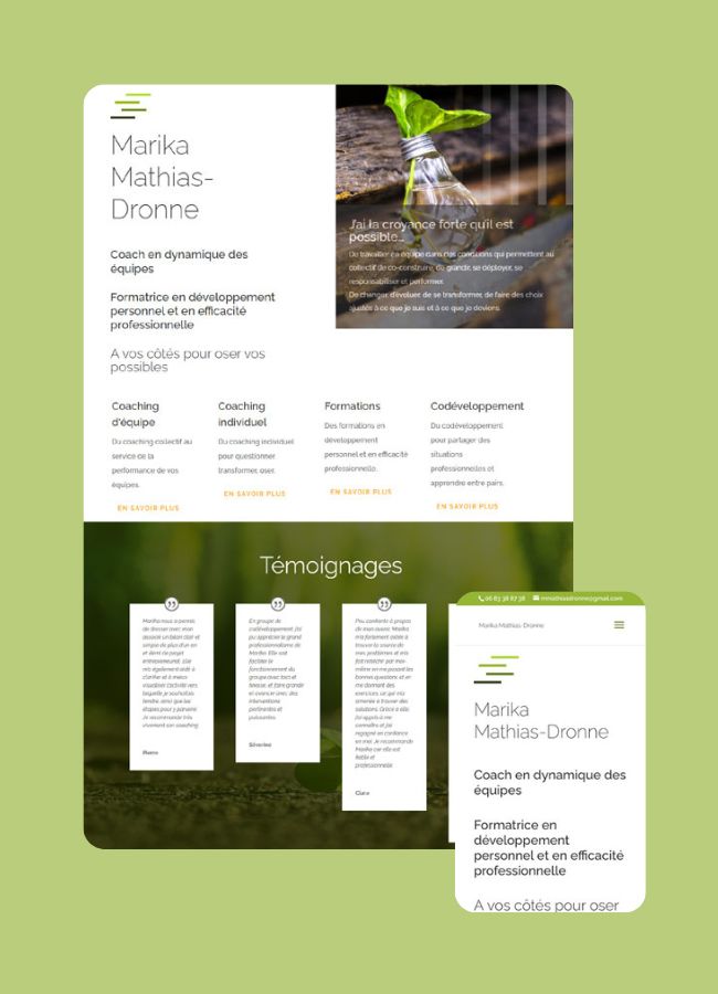 Maquette du site web réalisé par êtreweb Pour Marika Mathias-Dronne Coach