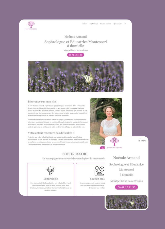 Maquette du site web réalisé par êtreweb pour Noémie Armand Soutien scolaire et sophrologie