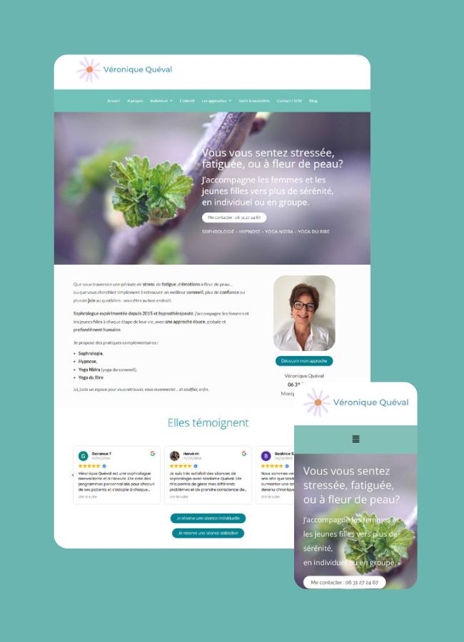 Maquette du site réalisé par êtreweb pour Véronique Quéval Sophrologie Hypnose
